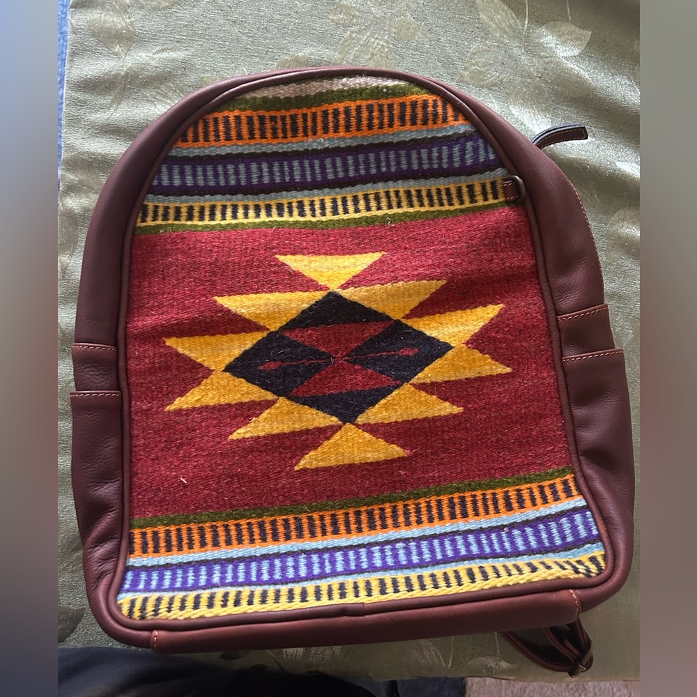 Brown Leather Backpack with Handwoven Wool Tribal Pattern